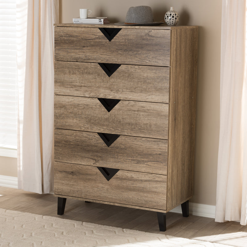 Wales Modern 5-Drawer Chest in Light Brown Wood for Stylish Storage Solutions