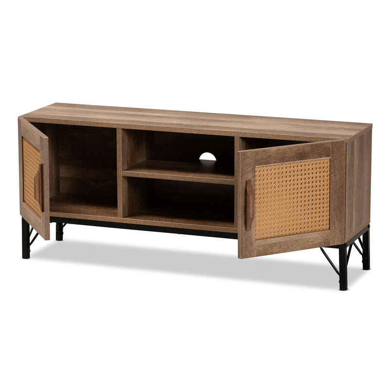 Veanna TV Stand Bohemian Natural Brown Wood and Black Metal 2-Door Design with Synthetic Rattan Accents for Stylish Living Room Storage