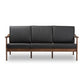 Venza Sofa Mid-Century Modern Walnut Wood Black Faux Leather 3-Seater