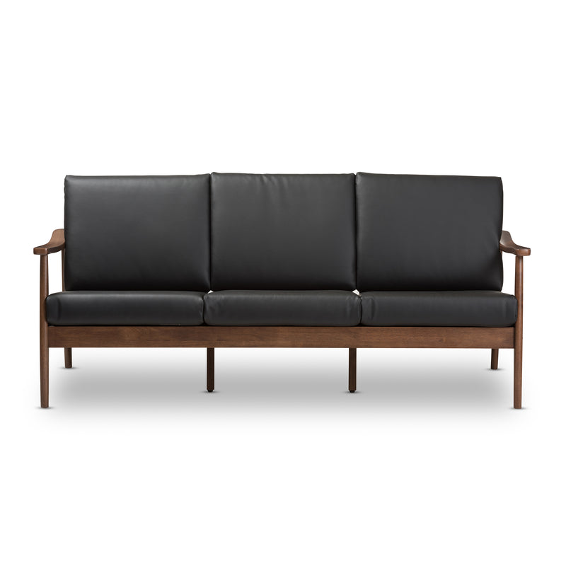 Venza Sofa Mid-Century Modern Walnut Wood Black Faux Leather 3-Seater