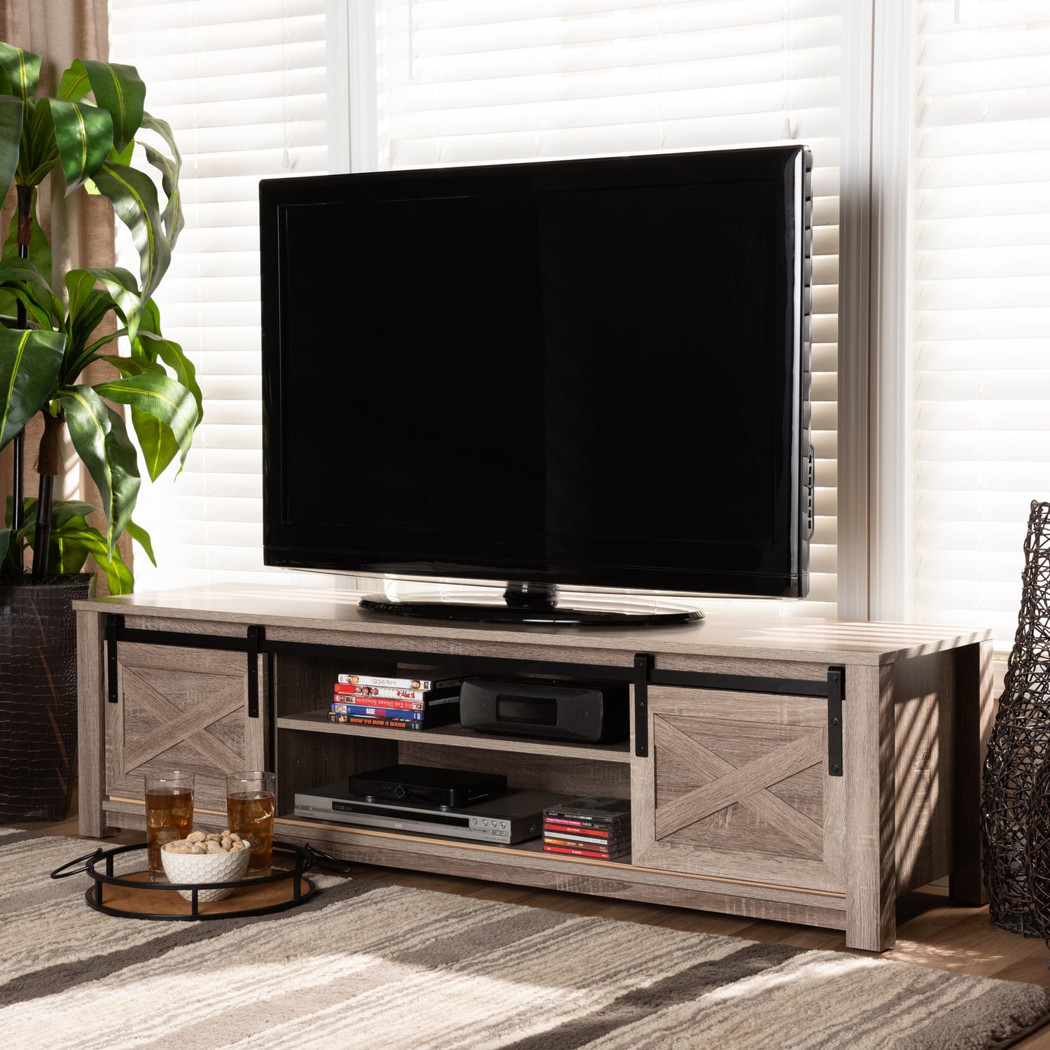 Bruna TV Stand - Modern Contemporary Farmhouse Design with White-Washed Oak Finish for Living Room Entertainment Centers