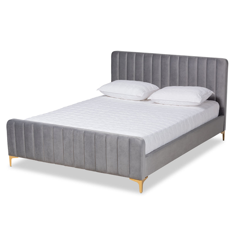 Nami Platform Bed - Modern Contemporary Glam and Luxe Light Grey Velvet Fabric Upholstered with Gold Finish