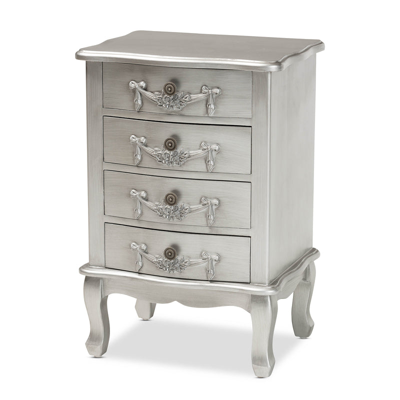 Callen End Table Classic and Traditional Brushed Silver Finished Wood 4-Drawer