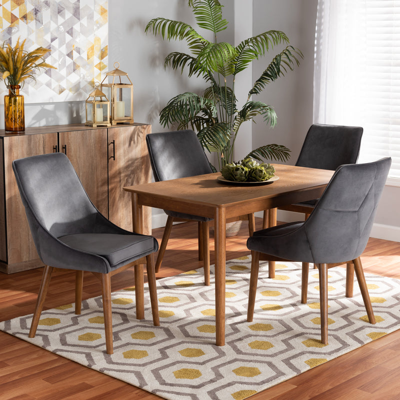 Gilmore Dining Set Modern Contemporary Grey Velvet Fabric Upholstered Walnut Brown Finished Wood 5-Piece