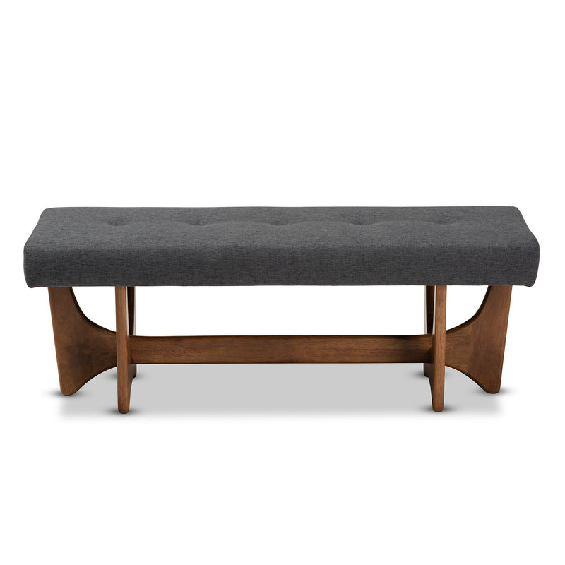 Theo Bench Mid-Century Modern Dark Grey Fabric Upholstered Walnut Finished