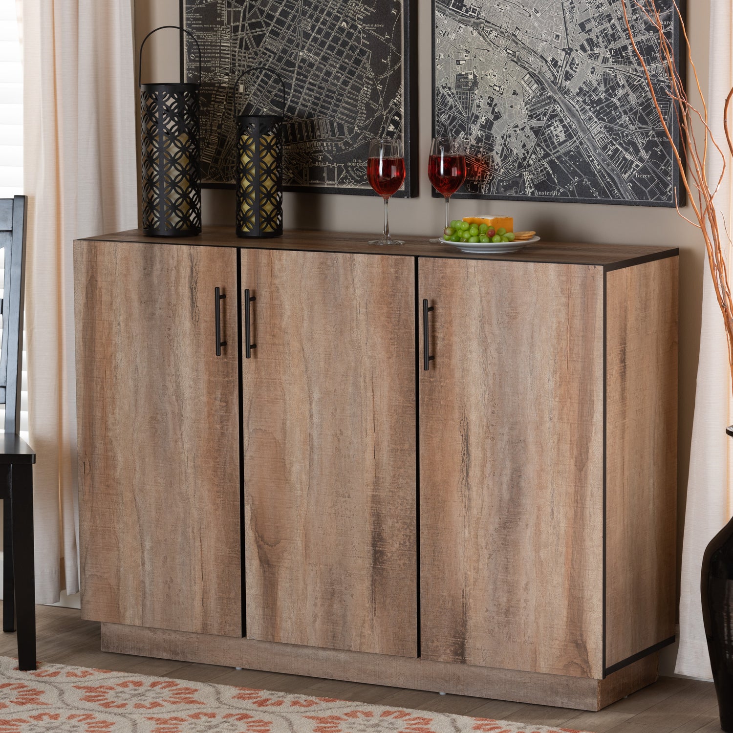 Patton Sideboard Modern Natural Oak Finished Wood 3-Door Dining Room Buffet for Stylish Storage and Display