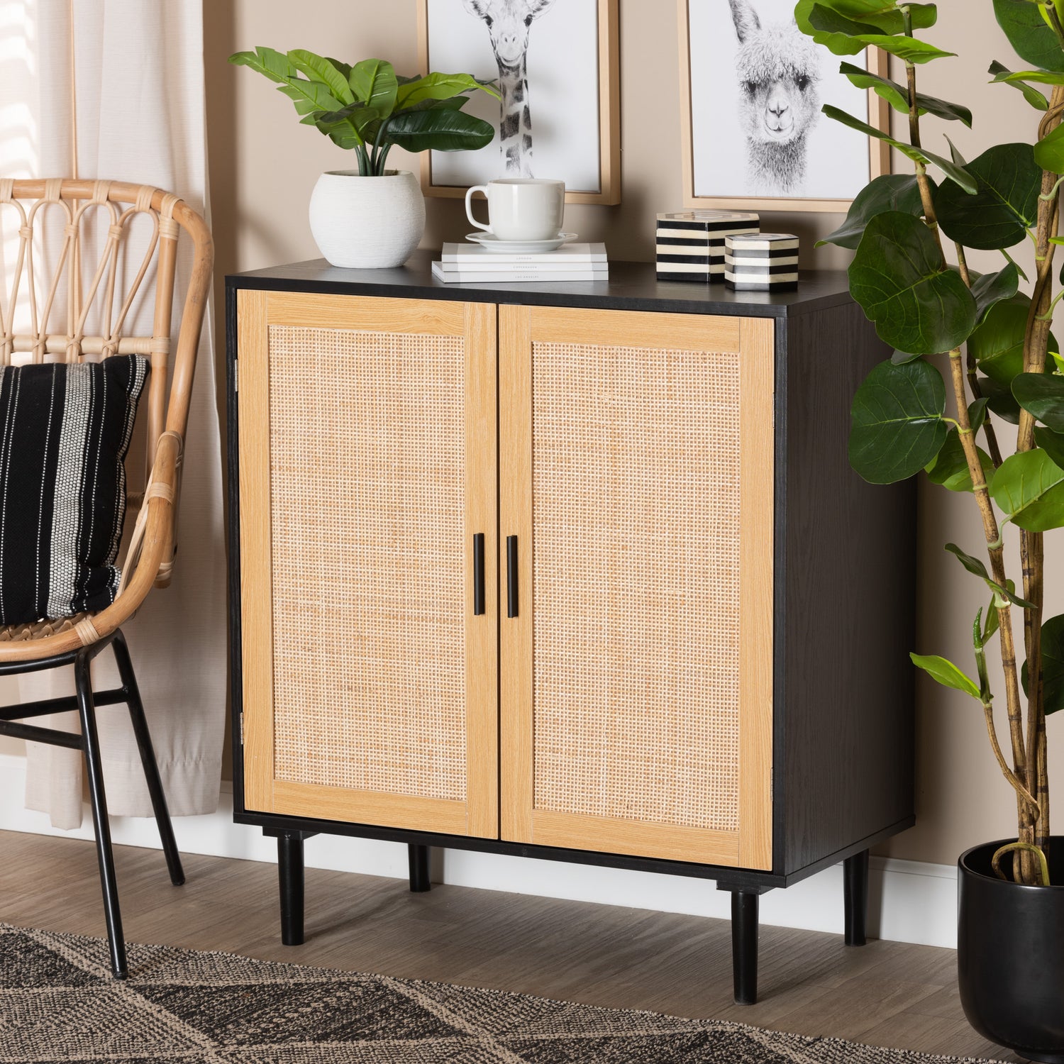 Maureen Storage Cabinet Mid-Century Modern Espresso Brown Wood and Rattan 2-Door Design for Stylish Organization