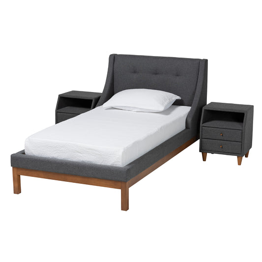 Louvain Twin Size Bedroom Set Mid-Century Modern Dark Grey Fabric Upholstered 3-Piece Collection for Stylish Comfortable Sleep Spaces