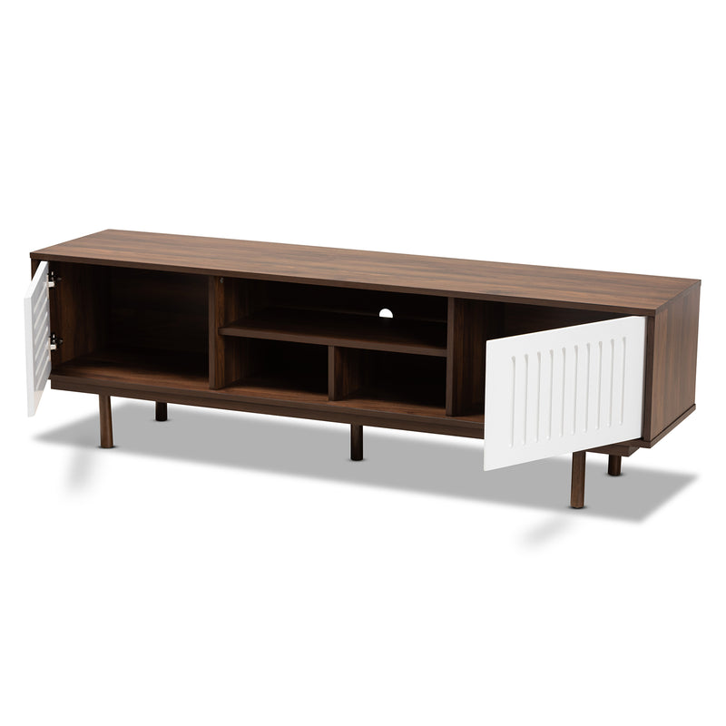 Meike Mid-Century Modern TV Stand Two-Tone Walnut Brown and White, Stylish Entertainment Center for Living Room and Media Storage