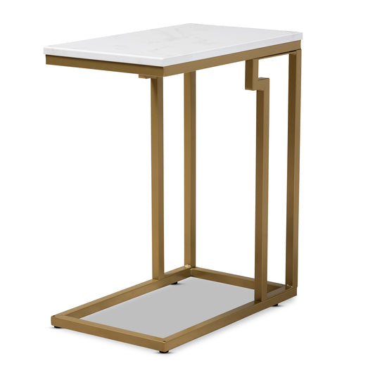 Renzo End Table - Modern Contemporary Design with Brushed Gold Metal Frame and Faux Marble Top