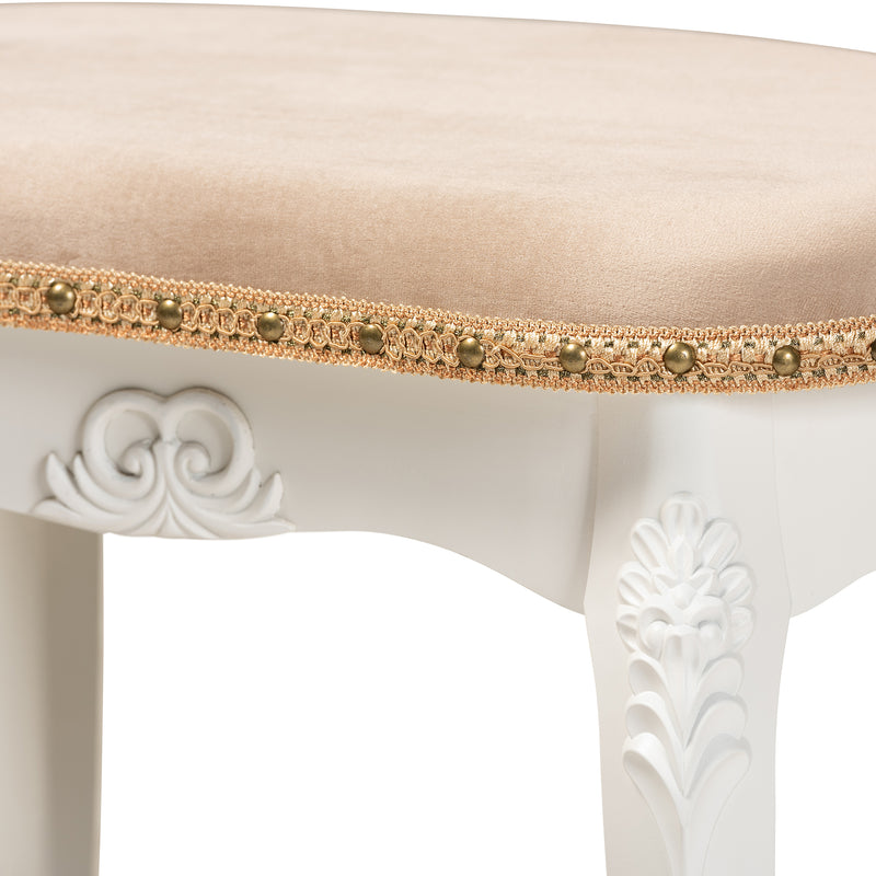 Gabrielle Vanity Ottoman Traditional French Country Style Upholstered in Sand Velvet with White-Finished Wood Frame