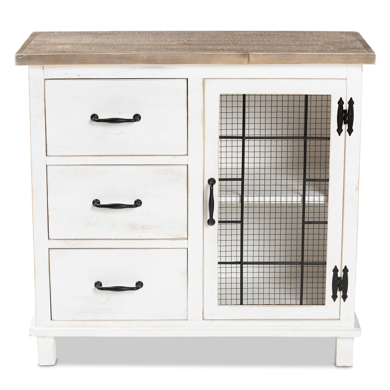 Faron Storage Cabinet Classic Farmhouse Style Two-Tone Distressed White and Oak Finish with 3 Drawers for Organized Storage