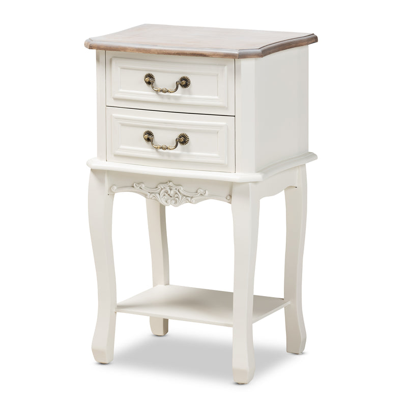 Amalie End Table Antique French Country Cottage Style Two-Tone White and Oak Finish with 2 Drawers for Storage