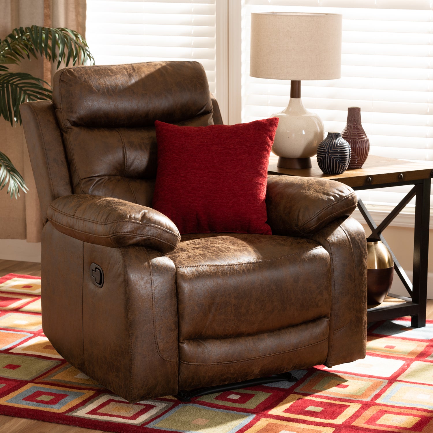 Beasely Recliner Modern Contemporary Distressed Brown Faux Leather Upholstered Chair for Living Room Comfort and Style