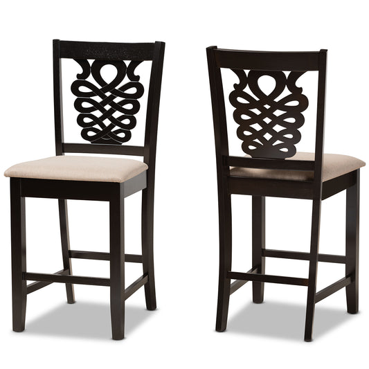 Gervais Counter Stool Set - Modern Transitional Design with Sand Fabric Upholstery and Dark Brown Wood, 2-Piece Collection for Kitchen or Bar