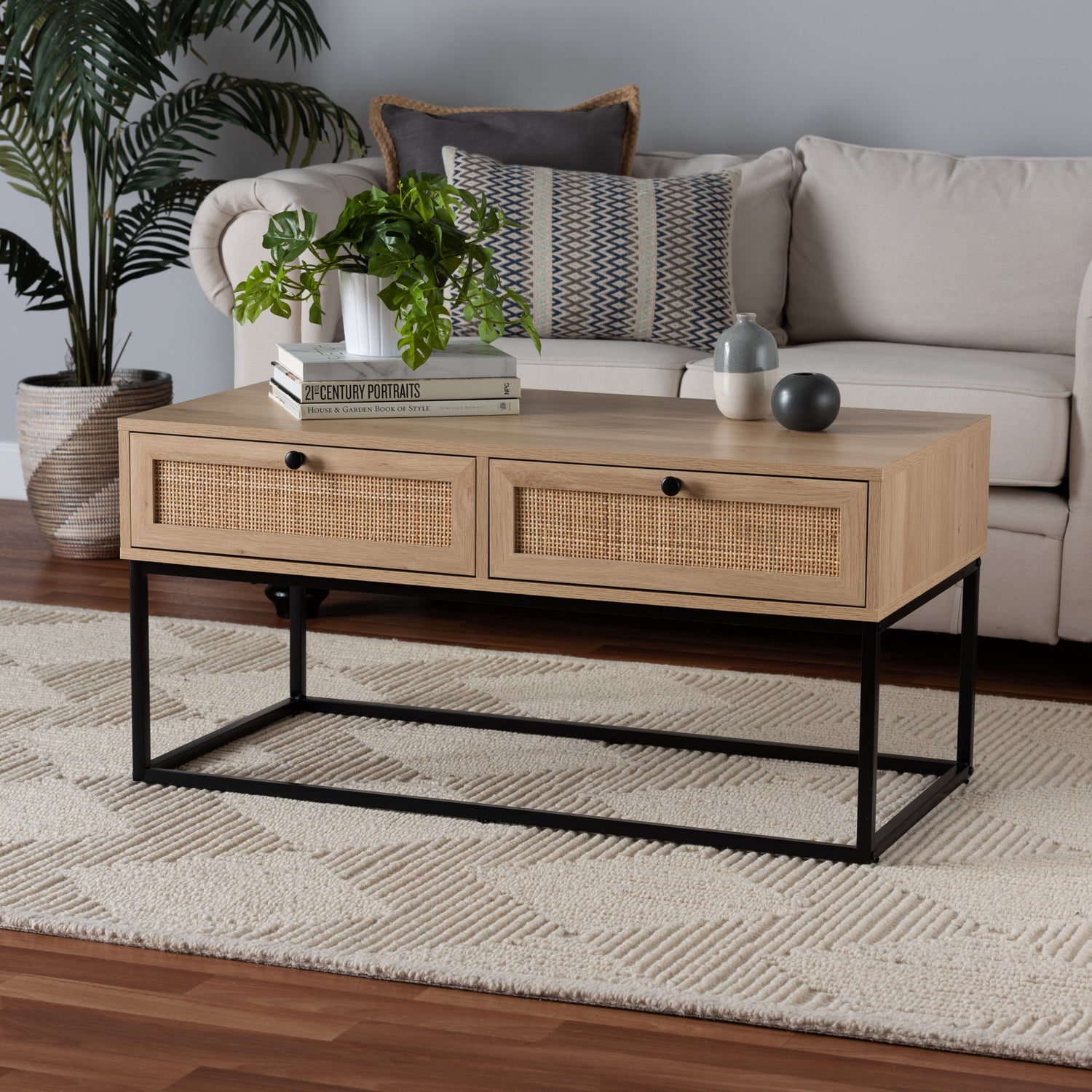 Amelia Coffee Table Mid-Century Modern Design in Natural Brown Wood and Rattan with 2 Storage Drawers