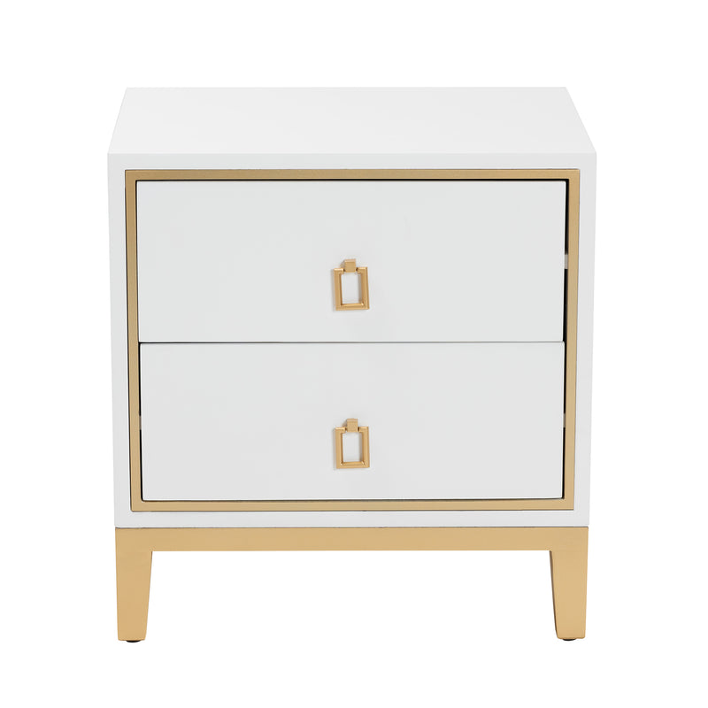 Donald End Table Modern Glam and Luxe White Finished Wood and Gold Metal 2-Drawer