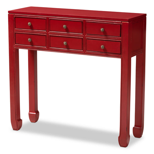 Pomme Console Table Classic Antique Red Finished Wood with Bronze Accents and 6 Drawers for Ample Storage