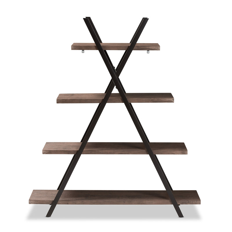 Fiera Industrial 4-Tier Display Shelf Rustic Walnut Wood and Black Metal Living Room Furniture for Stylish Home Decor