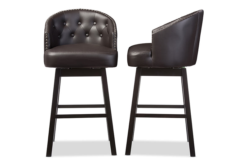 Avril Barstool Modern and Contemporary Black Faux Leather Tufted Swivel with Nail Head Trim Set of 2