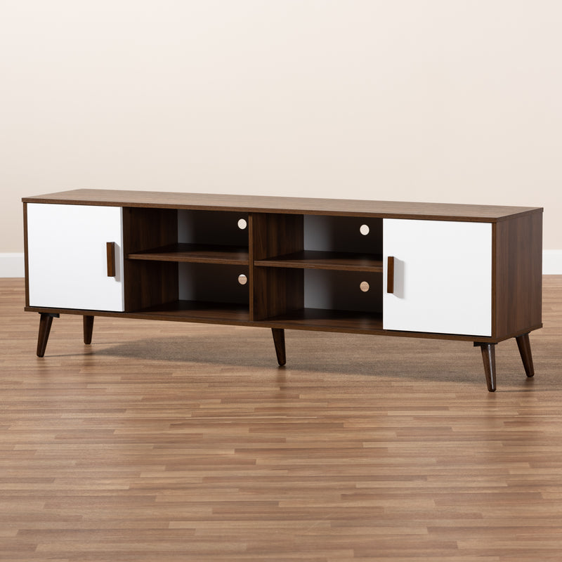 Quinn Mid-Century Modern TV Stand Two-Tone White and Walnut Finished 2-Door Wood Entertainment Center for Living Room