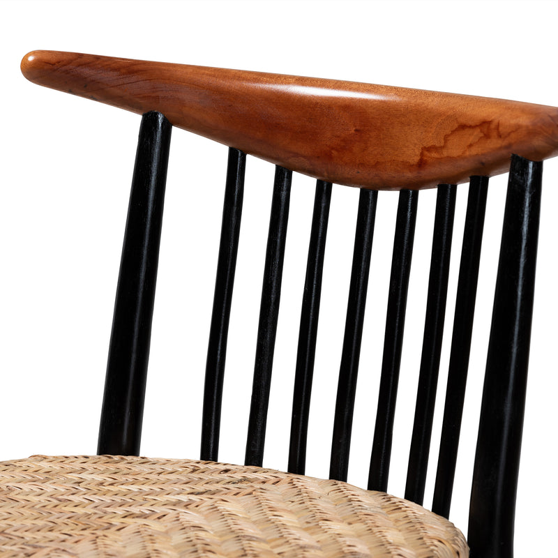 Parthenia Mid-Century Modern Dining Chair in Two-Tone Black and Walnut, Crafted from Mahogany with Natural Rattan Accents