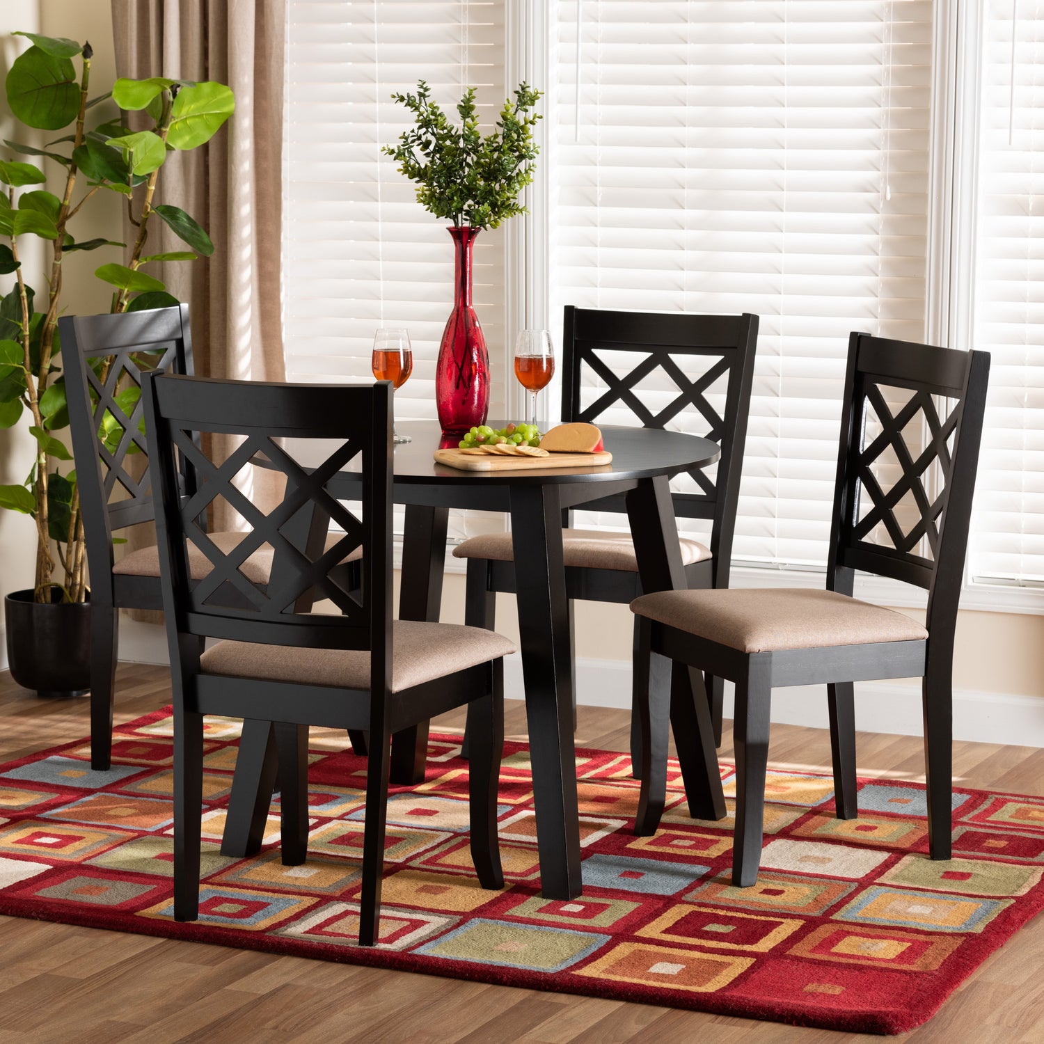 Lexi Dining Set Modern Beige Fabric and Dark Brown Finished Wood 5-Piece Dining Room Furniture for Stylish Home Decor