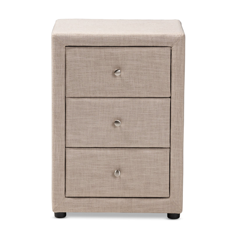 Tessa Nightstand - Modern and Contemporary Beige Fabric Upholstered 3-Drawer