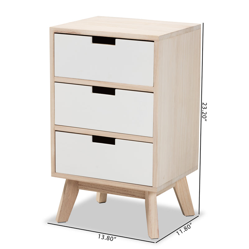 Halian Mid-Century Modern End Table - Two-Tone White and Light Brown Wood with 3 Drawers for Stylish Storage and Organization