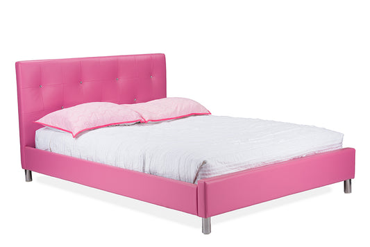 Barbara Pink Leather Full Size Bed with Modern Design and Crystal Button Tufting