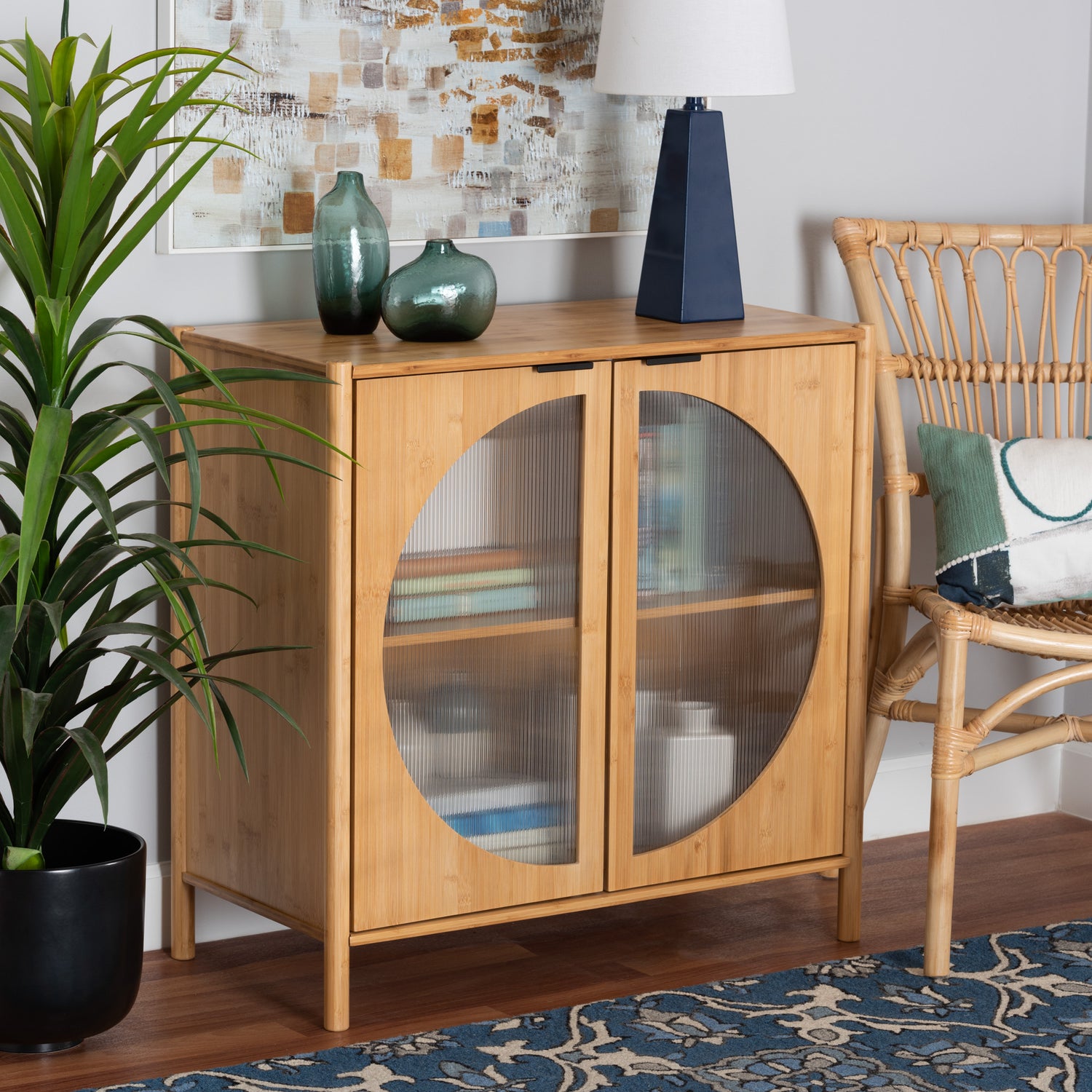 Naresh Storage Cabinet Mid-Century Modern Design in Natural Brown Bamboo Wood with 2 Doors for Stylish Organization