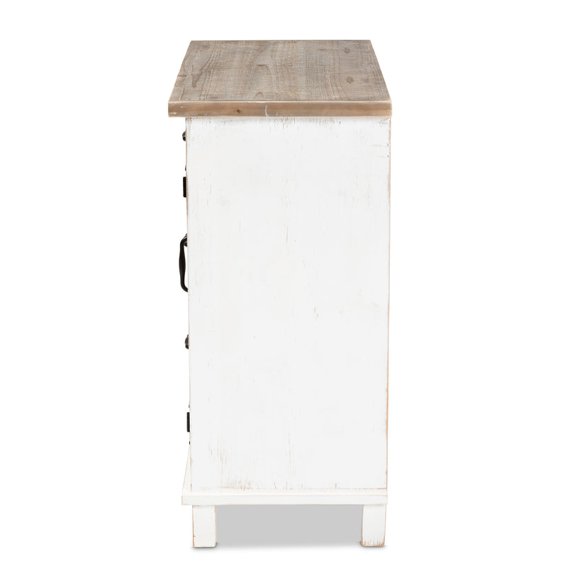 Faron Storage Cabinet Classic Farmhouse Style Two-Tone Distressed White and Oak Finish with 3 Drawers for Organized Storage