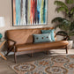 Bianca Sofa Mid-Century Modern Walnut Wood Dark Brown Distressed Faux Leather 3-Seater