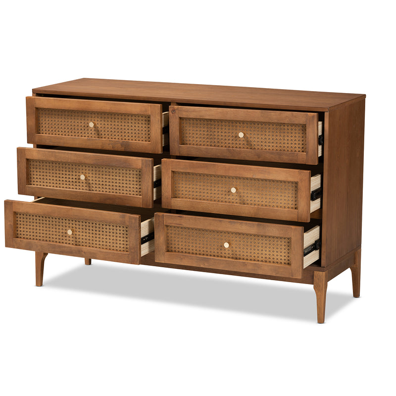 Ramiel Mid-Century Modern Dresser Ash Walnut Finished Wood and Rattan 6-Drawer Storage Solution for Stylish Bedrooms