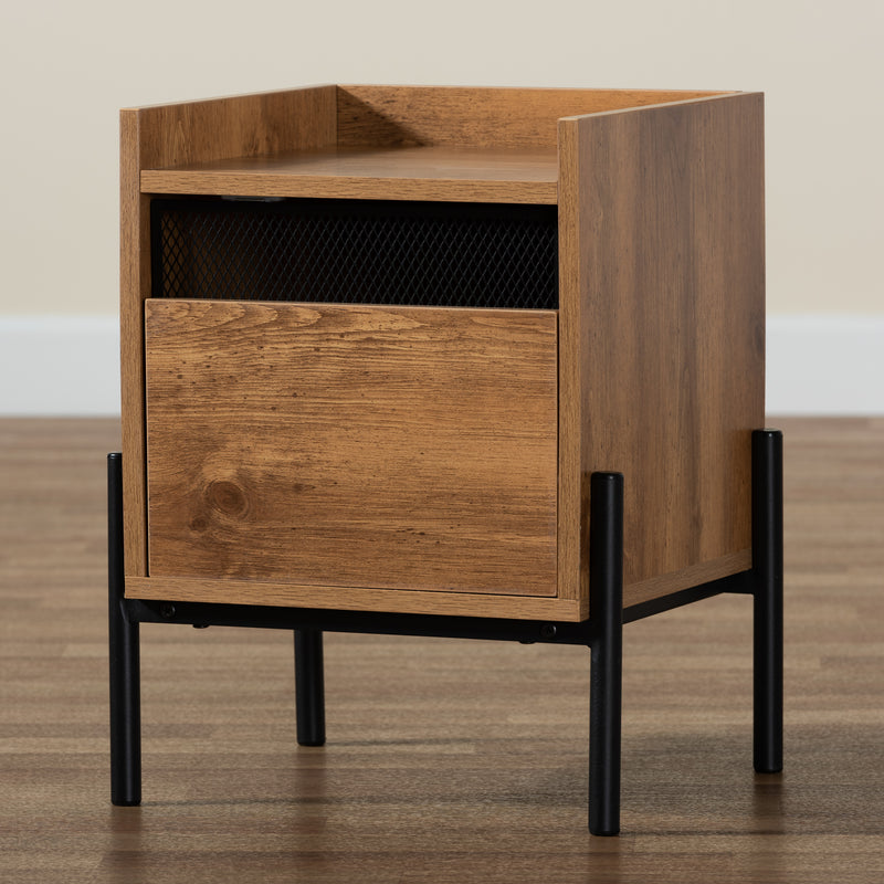 Tasman End Table - Modern Industrial Design with Natural Brown Wood and Black Metal Accents