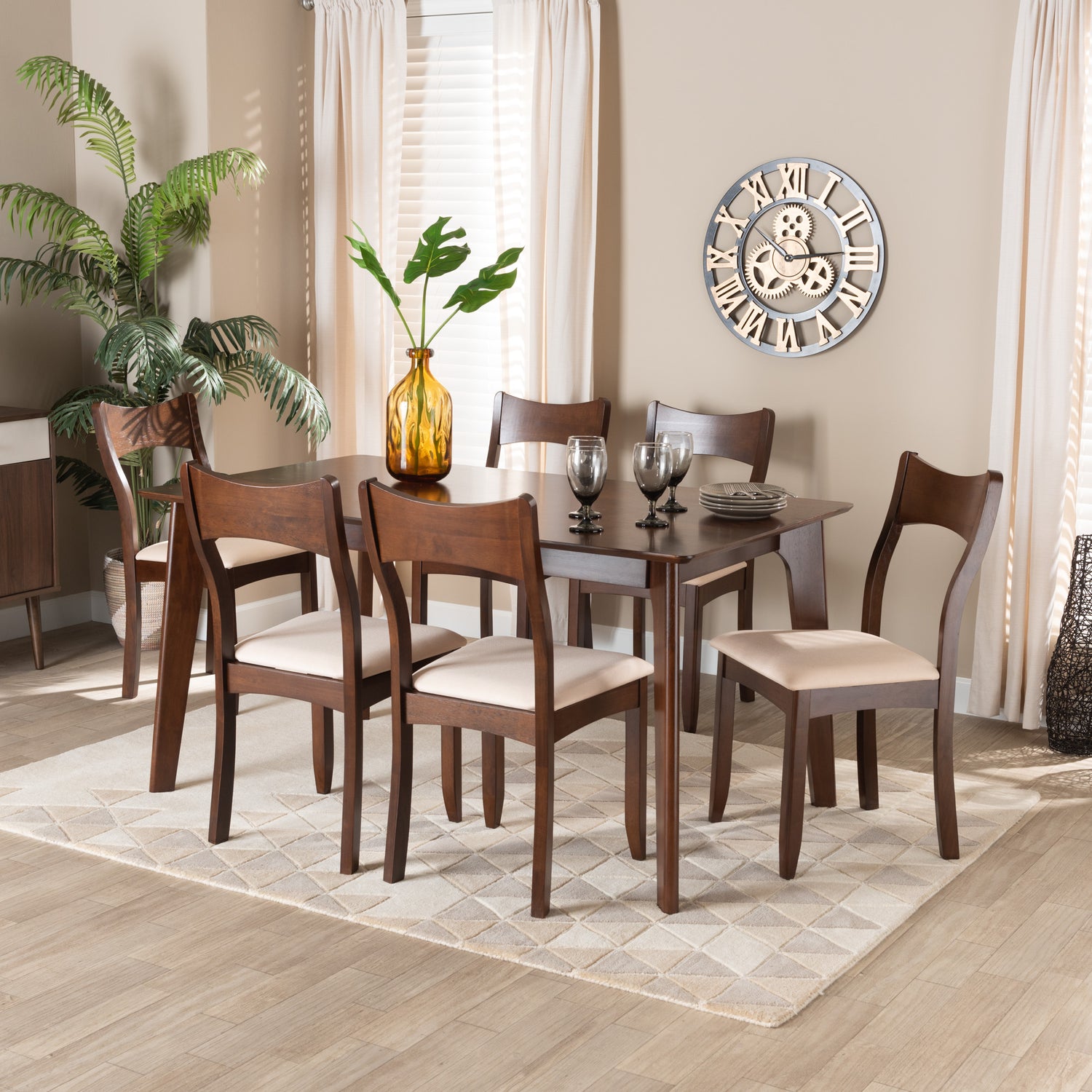 Adreana Dining Set Mid-Century Modern Cream Fabric and Dark Brown Finished Wood 7-Piece