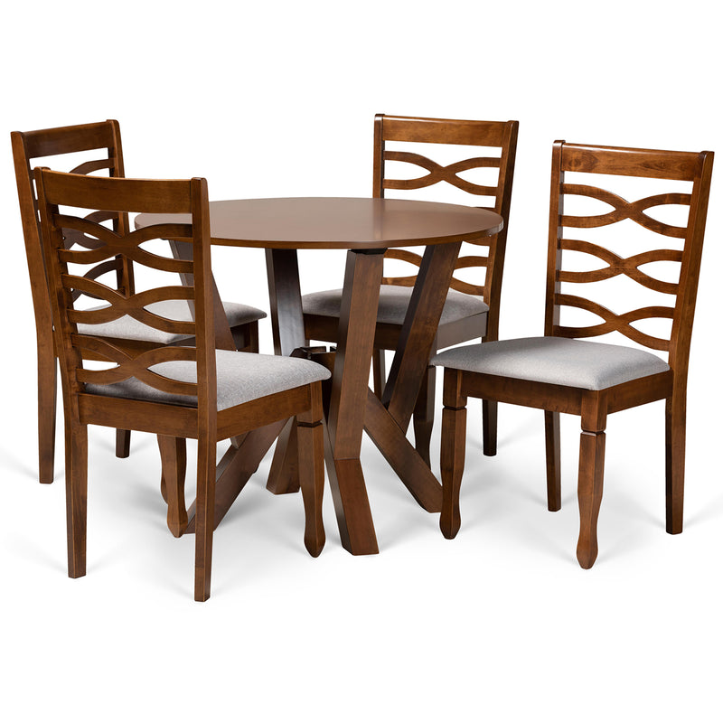 Ariane 5-Piece Dining Set in Modern Style with Grey Fabric Upholstery and Walnut Brown Wood Finish