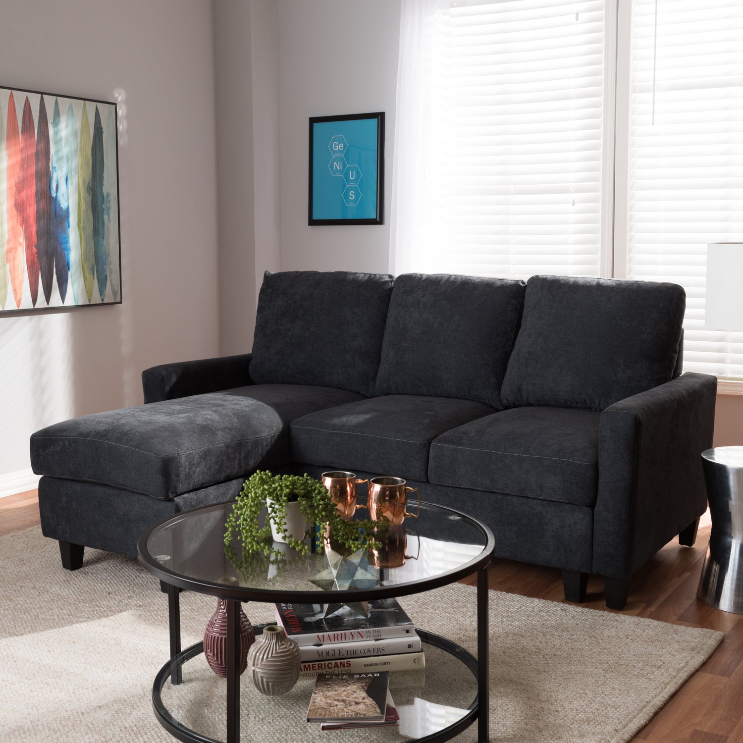 Greyson Sectional Sofa Modern and Contemporary Dark Grey Fabric Upholstered Reversible