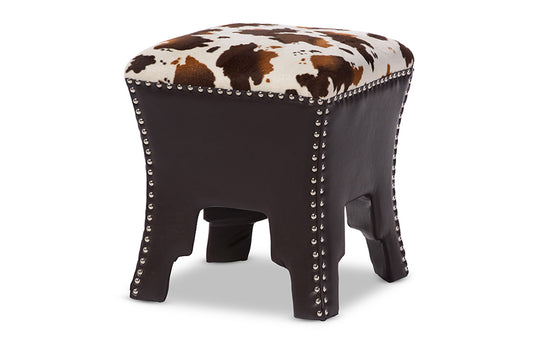 Sally Accent Stool - Modern Cow-print Fabric with Brown Faux Leather Upholstery and Nailhead Trim