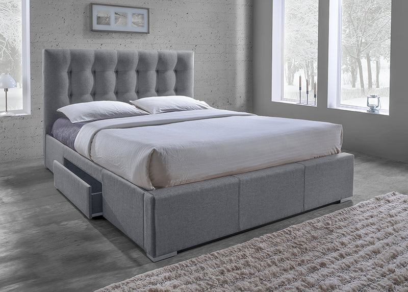 Sarter King-Size Bed Contemporary Grid-Tufted Grey Fabric Upholstered Storage Bed with 2 Drawers for Organized Living