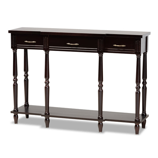 Hallan Console Table Classic and Traditional French Provincial Dark Brown Finished Wood 3-Drawer