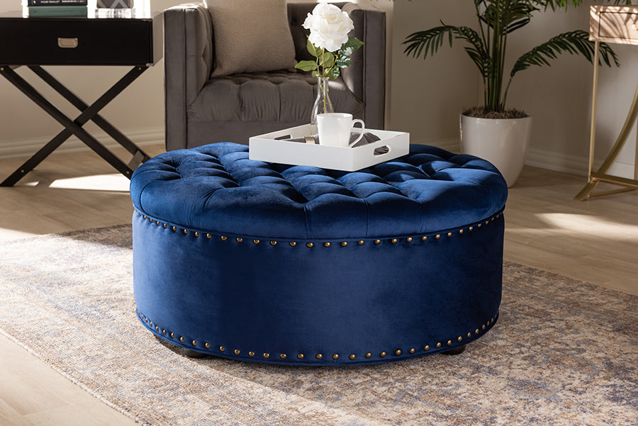 Iglehart Ottoman Modern and Contemporary Royal Blue Velvet Fabric Upholstered Tufted