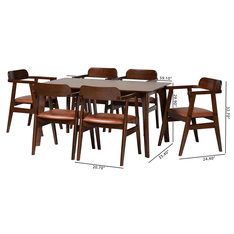 Cleo 7-Piece Dining Set: Mid-Century Modern with Light Brown Faux Leather and Dark Brown Wood Finish