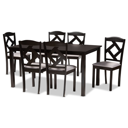 Ruth Dining Set Modern Transitional Grey Fabric Upholstered Dark Brown Finished Wood 7-Piece