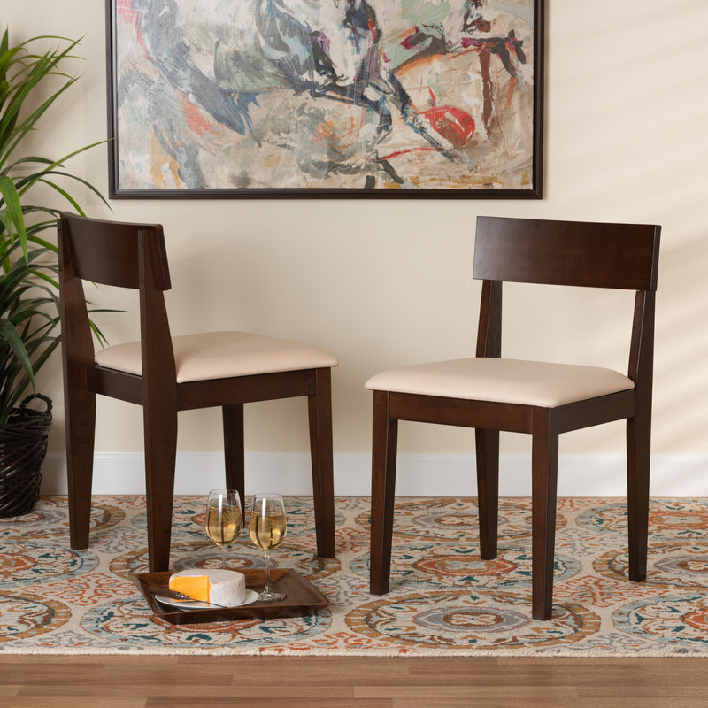 Camilla Dining Chair Set Mid-Century Modern Cream Fabric and Dark Brown Finished Wood 2-Piece