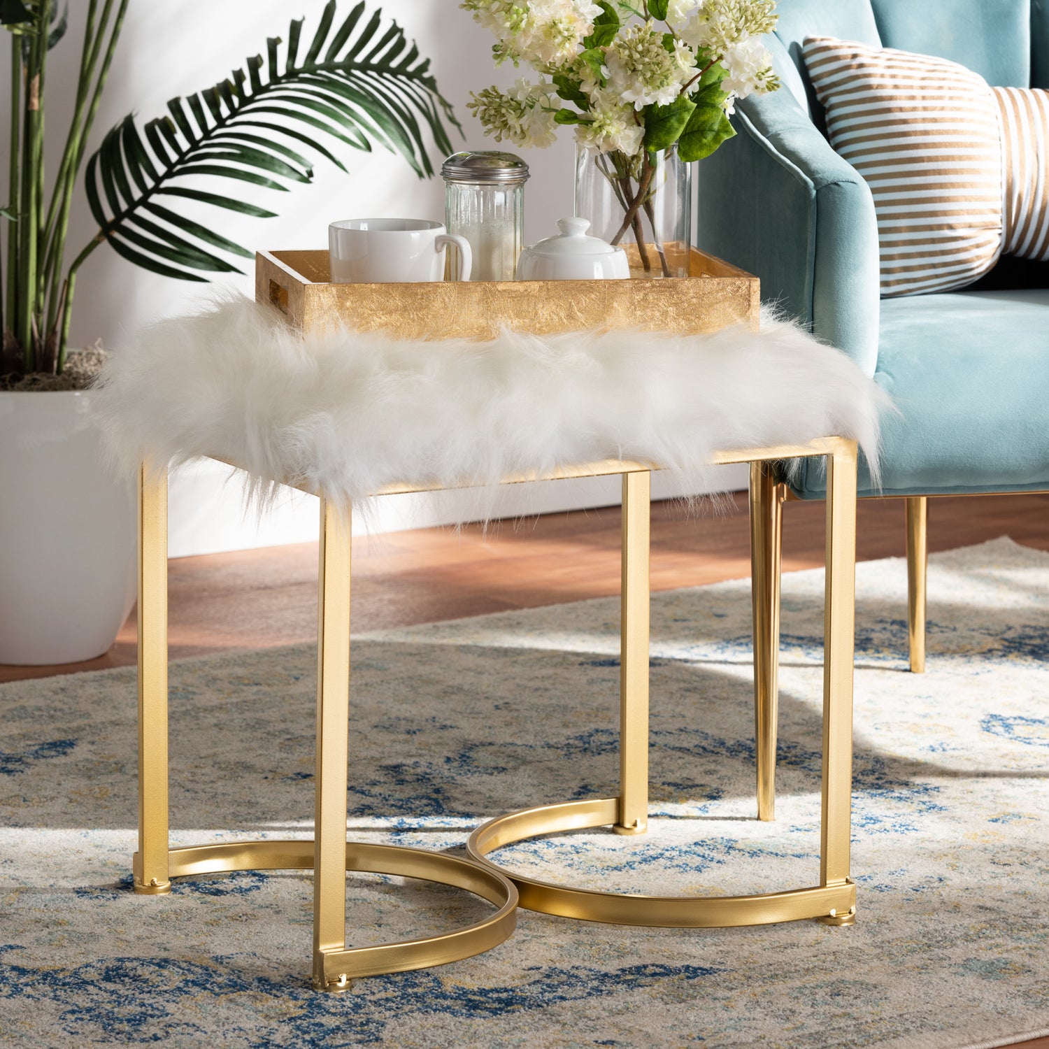 Gwyn Glam Luxe White Faux Fur Ottoman with Gold Metal Base Stylish Upholstered Accent Furniture for Living Room or Bedroom