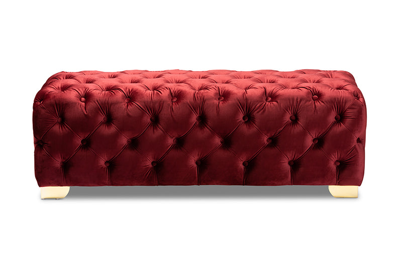 Avara Bench Ottoman Burgundy Velvet Fabric Upholstered Gold Finished Button Tufted