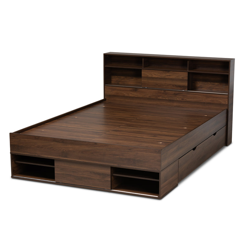 Tristan Queen Size Platform Storage Bed - Modern Walnut Brown Wood with Drawer and Shelves for Organized Bedroom Storage