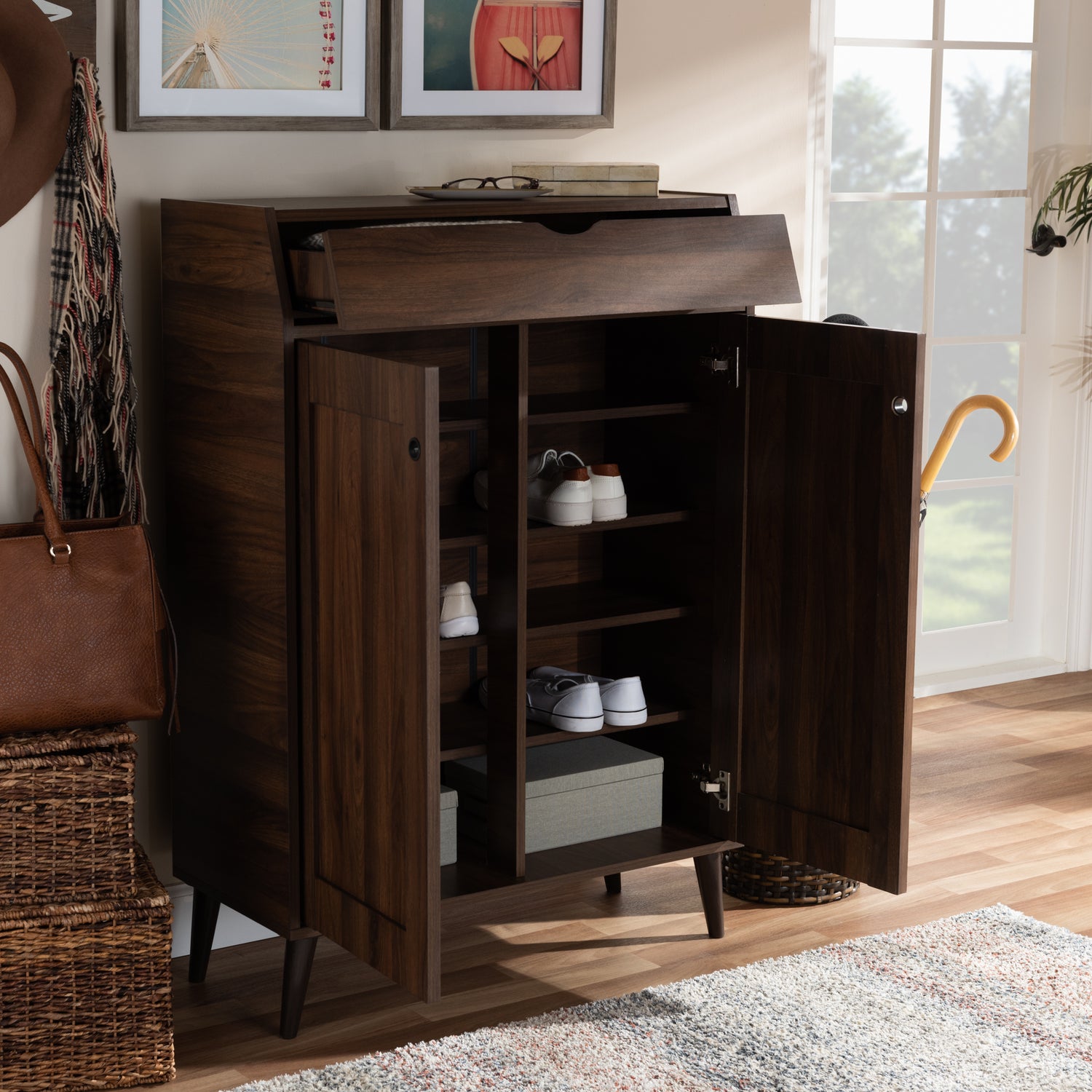 Cormier Mid-Century Modern Shoe Storage Cabinet - Walnut Brown 2-Door Wood Entryway Organizer for Stylish Home Storage