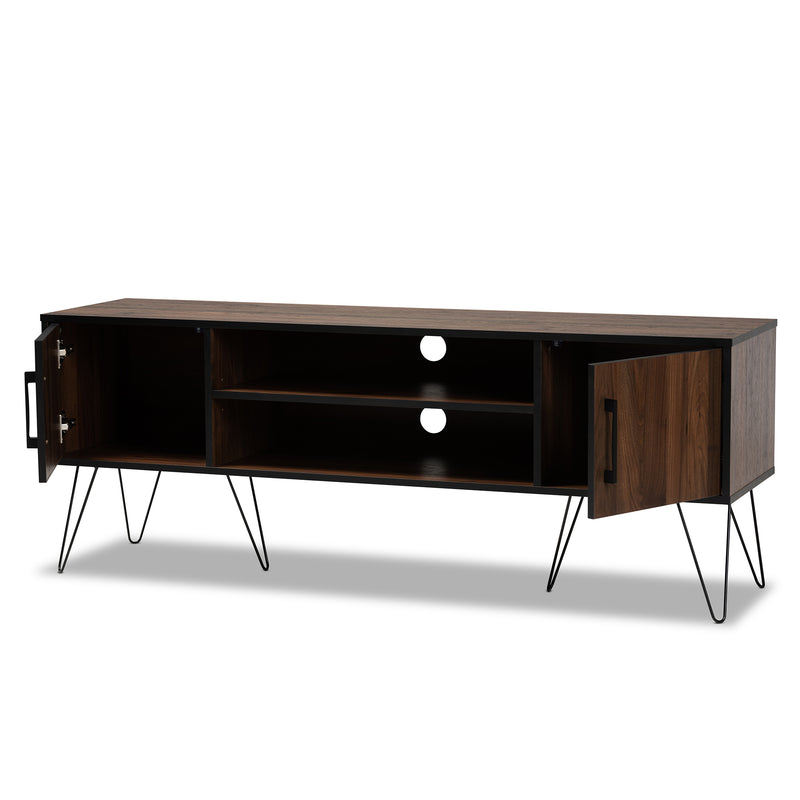 Corina TV Stand Mid-Century Modern Two-Tone Walnut and Black Wood Entertainment Center with Storage for Living Room